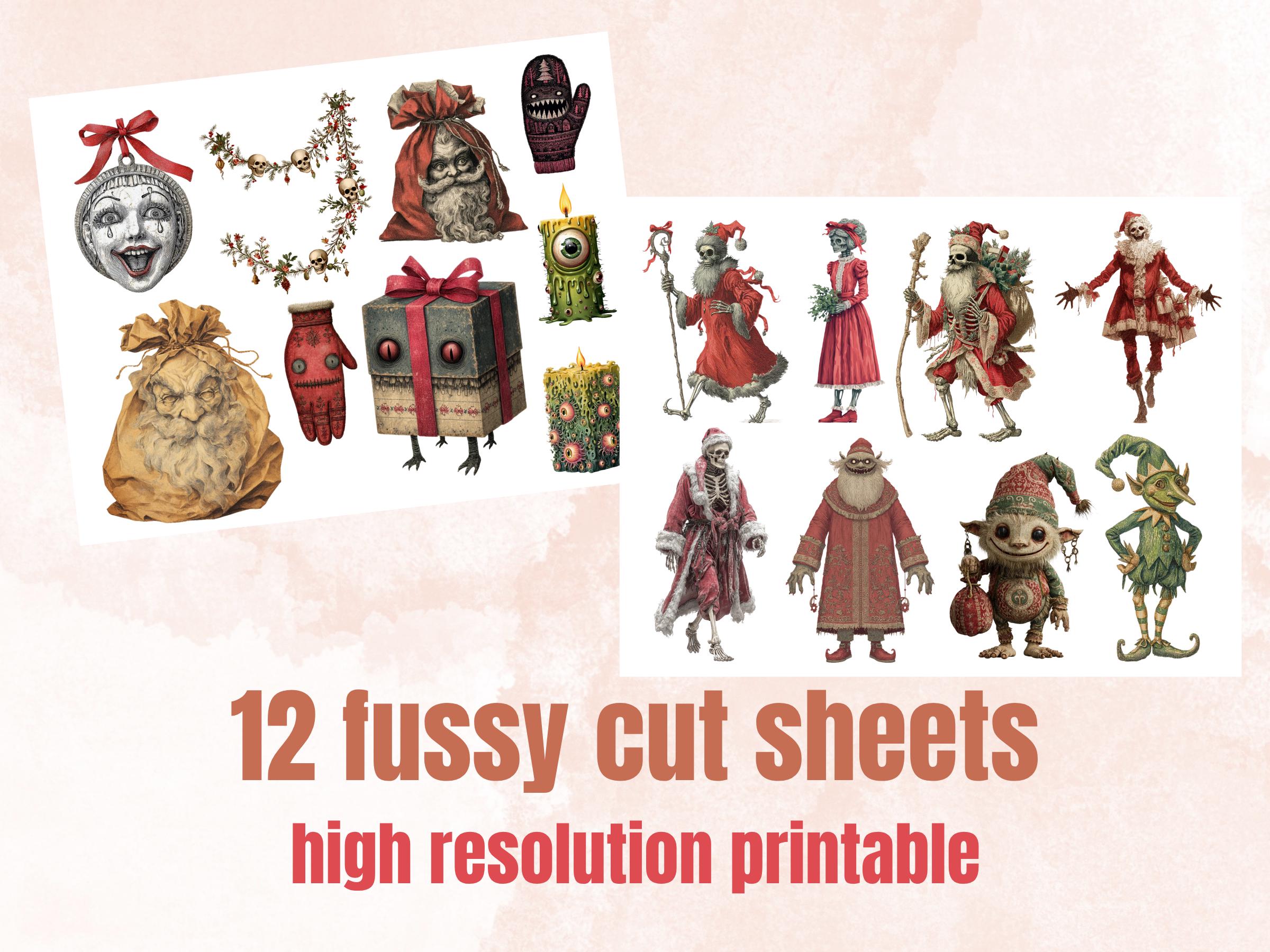 Spooky Christmas Collage Elements Bundle, Creepy Christmas Fussy Cut, Scary Xmas Characters Clipart, Quirky Junk Journal, Xmas Scrapbooking