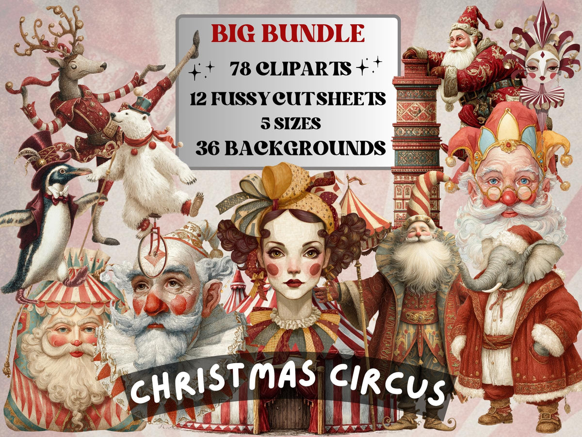 Christmas Circus Collage Element Bundle, Christmas Carnival Fussy Cut, Xmas Circus Character Clipart, Quirky Junk Journal, Xmas Scrapbooking