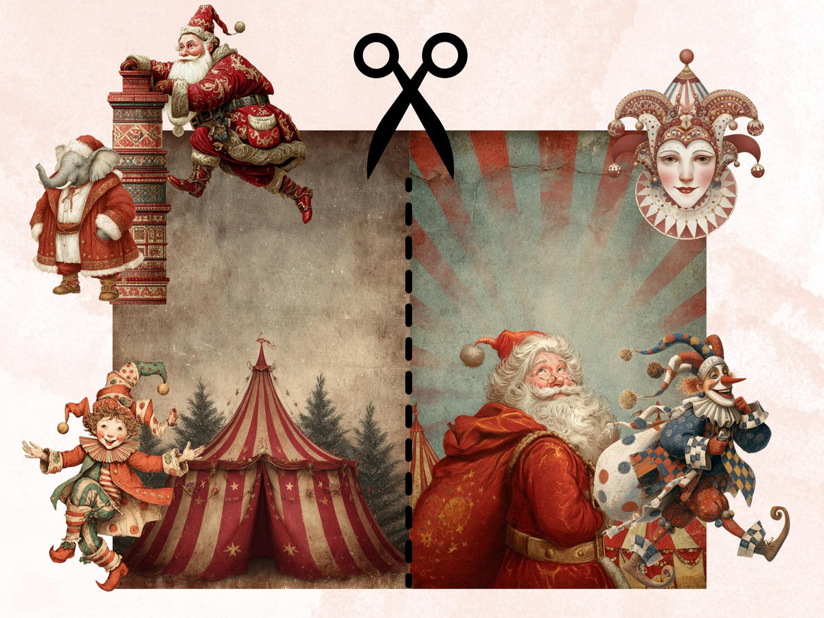 Christmas Circus Collage Element Bundle, Christmas Carnival Fussy Cut, Xmas Circus Character Clipart, Quirky Junk Journal, Xmas Scrapbooking