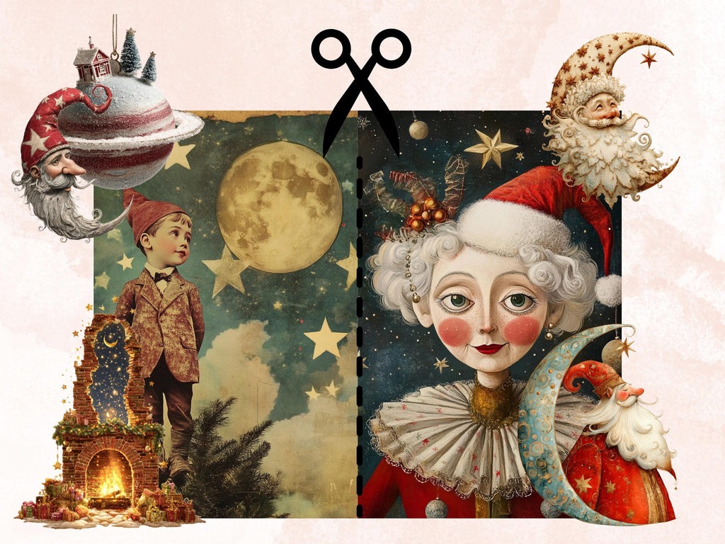 Celestial Christmas Collage Element Bundle, Christmas Zodiac Fussy Cut, Xmas Starry Night  Clipart, Quirky Junk Journal, Xmas Scrapbooking