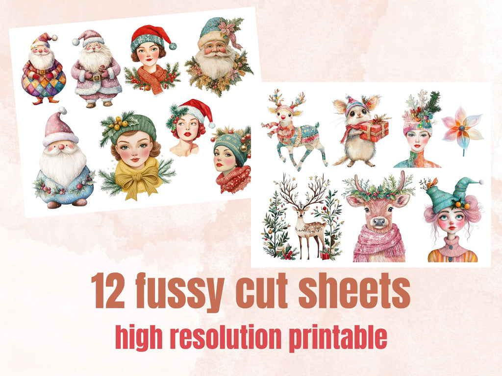 Pastel Christmas Collage Elements Bundle, Quirky Christmas Fussy Cut, Xmas Characters Clipart, Whimsical Junk Journal, Xmas Scrapbooking Set