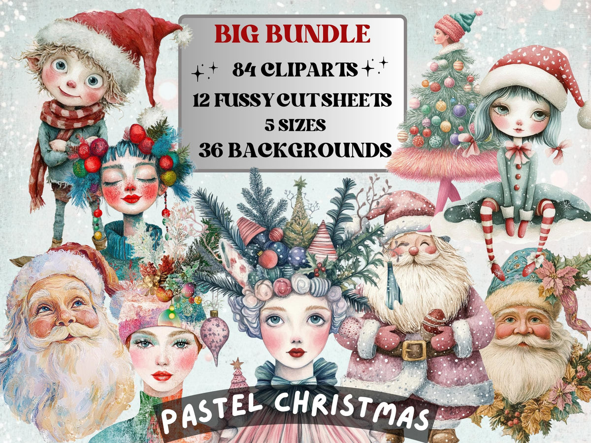 Pastel Christmas Collage Elements Bundle, Quirky Christmas Fussy Cut, Xmas Characters Clipart, Whimsical Junk Journal, Xmas Scrapbooking Set