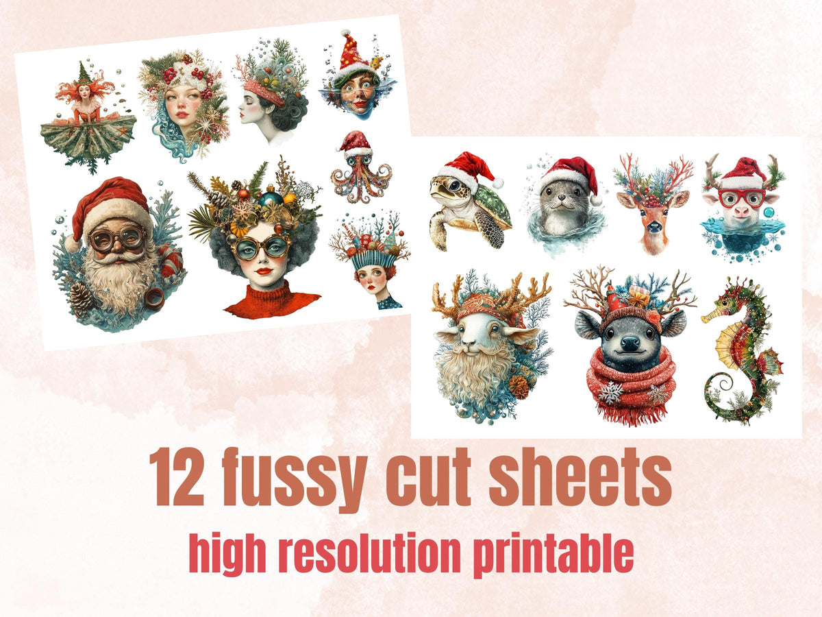 Underwater Christmas Collage Element Bundle, Christmas Under the Sea Fussy Cut, Xmas Mermaid Clipart, Quirky Junk Journal, Xmas Scrapbooking