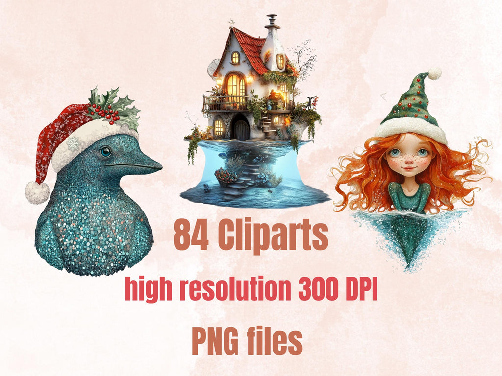 Underwater Christmas Collage Element Bundle, Christmas Under the Sea Fussy Cut, Xmas Mermaid Clipart, Quirky Junk Journal, Xmas Scrapbooking
