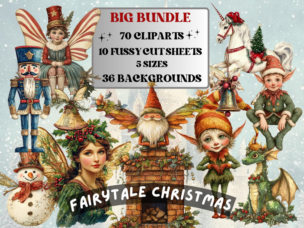 Fairytale Christmas Collage Elements Bundle, Quirky Christmas Fussy Cut, Xmas Characters Clipart, Retro Junk Journal, Xmas Scrapbooking Set