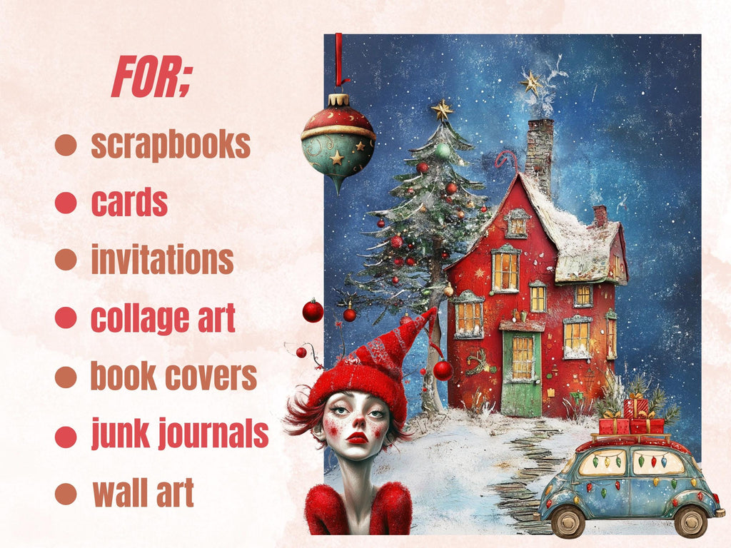 Quirky Christmas Collage Element Bundle, Fantasy Christmas Fussy Cut, Xmas Characters Clipart, Whimsical Junk Journal, Xmas Scrapbooking Set