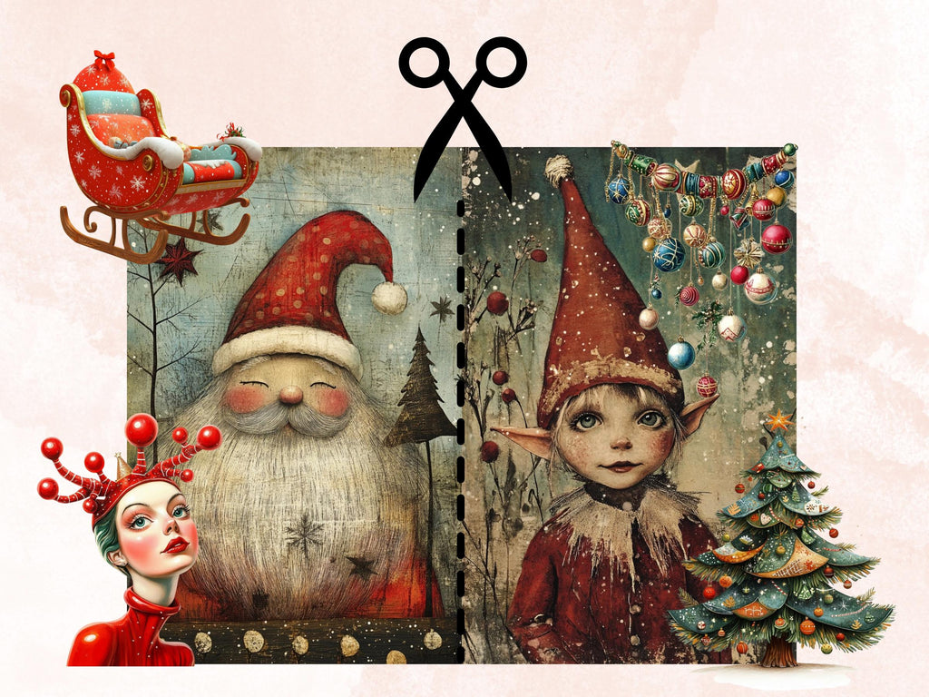 Quirky Christmas Collage Element Bundle, Fantasy Christmas Fussy Cut, Xmas Characters Clipart, Whimsical Junk Journal, Xmas Scrapbooking Set
