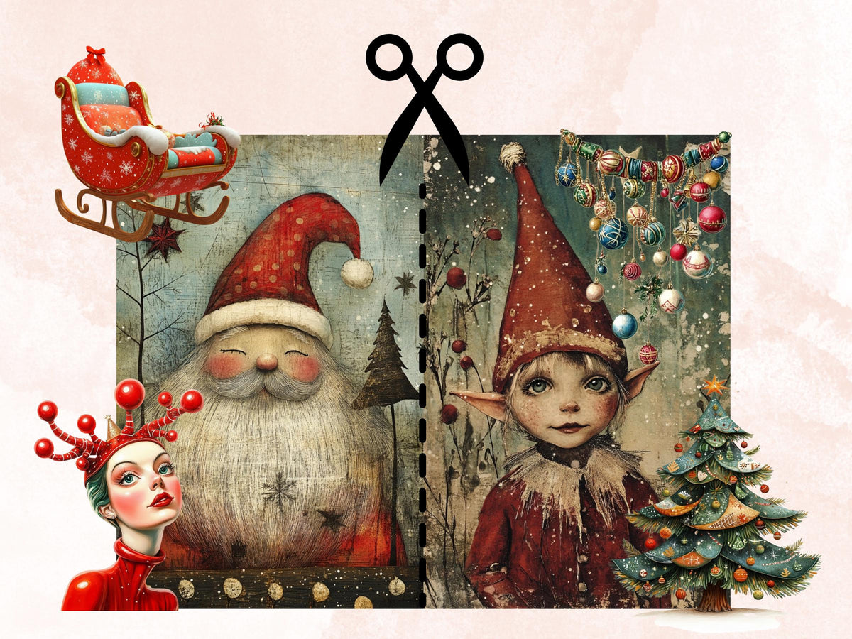 Quirky Christmas Collage Element Bundle, Fantasy Christmas Fussy Cut, Xmas Characters Clipart, Whimsical Junk Journal, Xmas Scrapbooking Set
