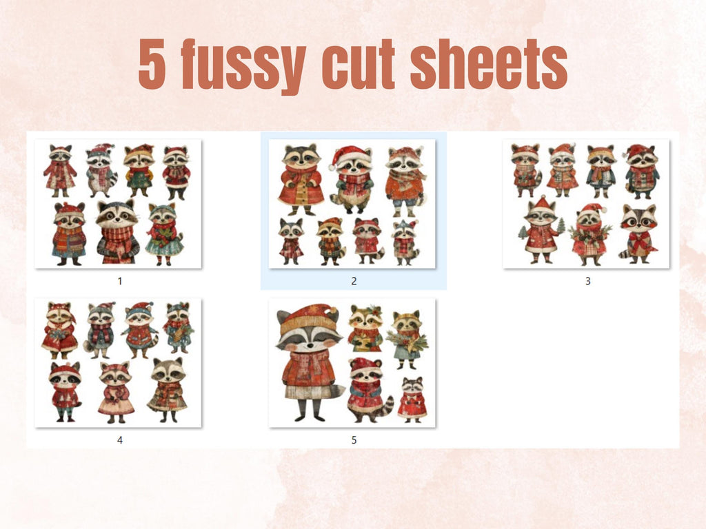 Christmas Raccoon Doll Mixed Media Clipart, Retro Xmas Raccoon Fussy Cut Collage Sheet, Paper Doll Cut Out Ephemera, PNG + JPG Scrapbooking