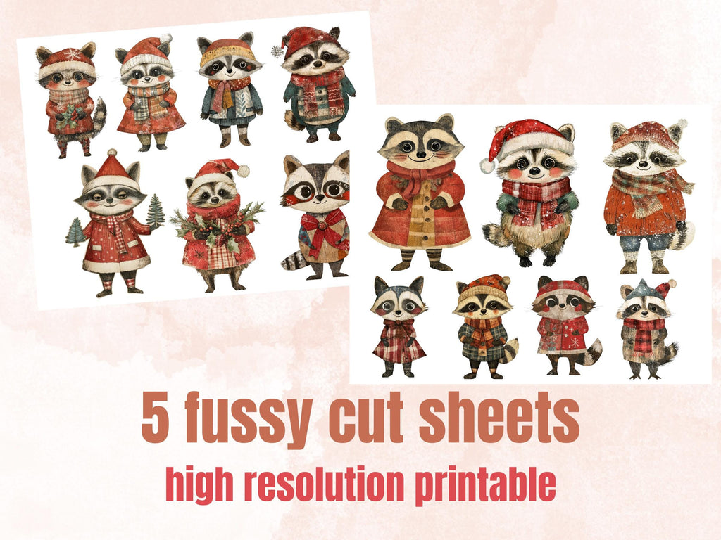 Christmas Raccoon Doll Mixed Media Clipart, Retro Xmas Raccoon Fussy Cut Collage Sheet, Paper Doll Cut Out Ephemera, PNG + JPG Scrapbooking