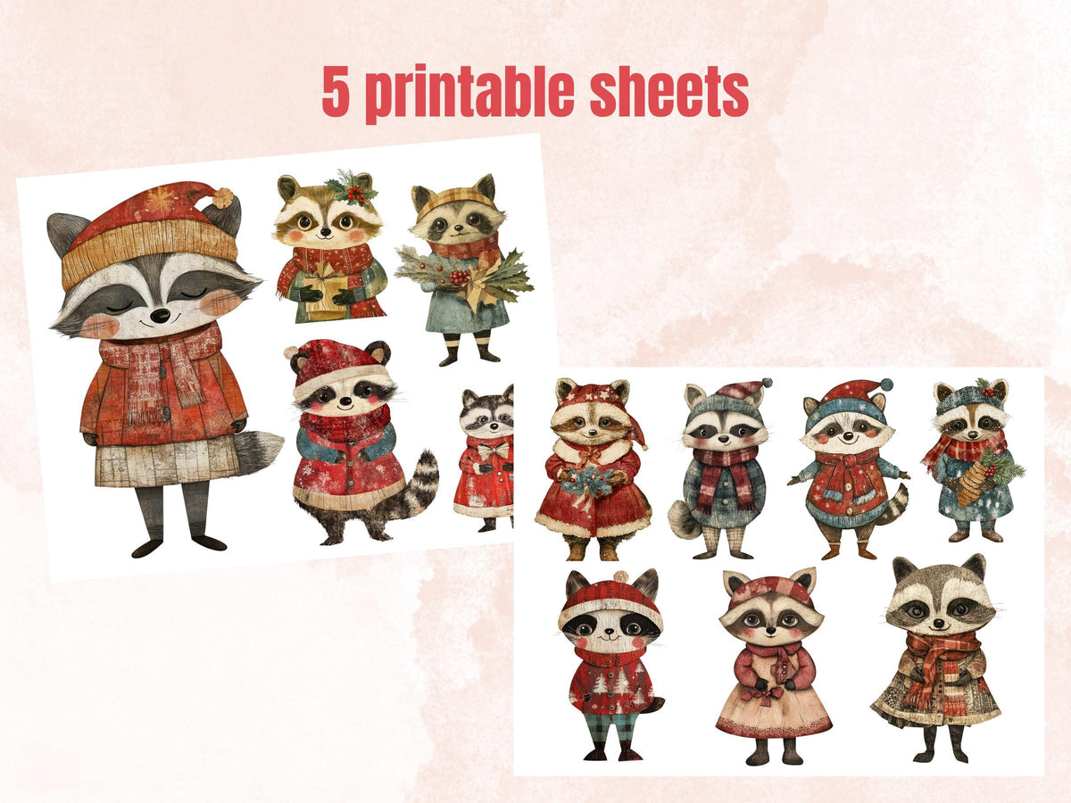 Christmas Raccoon Doll Mixed Media Clipart, Retro Xmas Raccoon Fussy Cut Collage Sheet, Paper Doll Cut Out Ephemera, PNG + JPG Scrapbooking