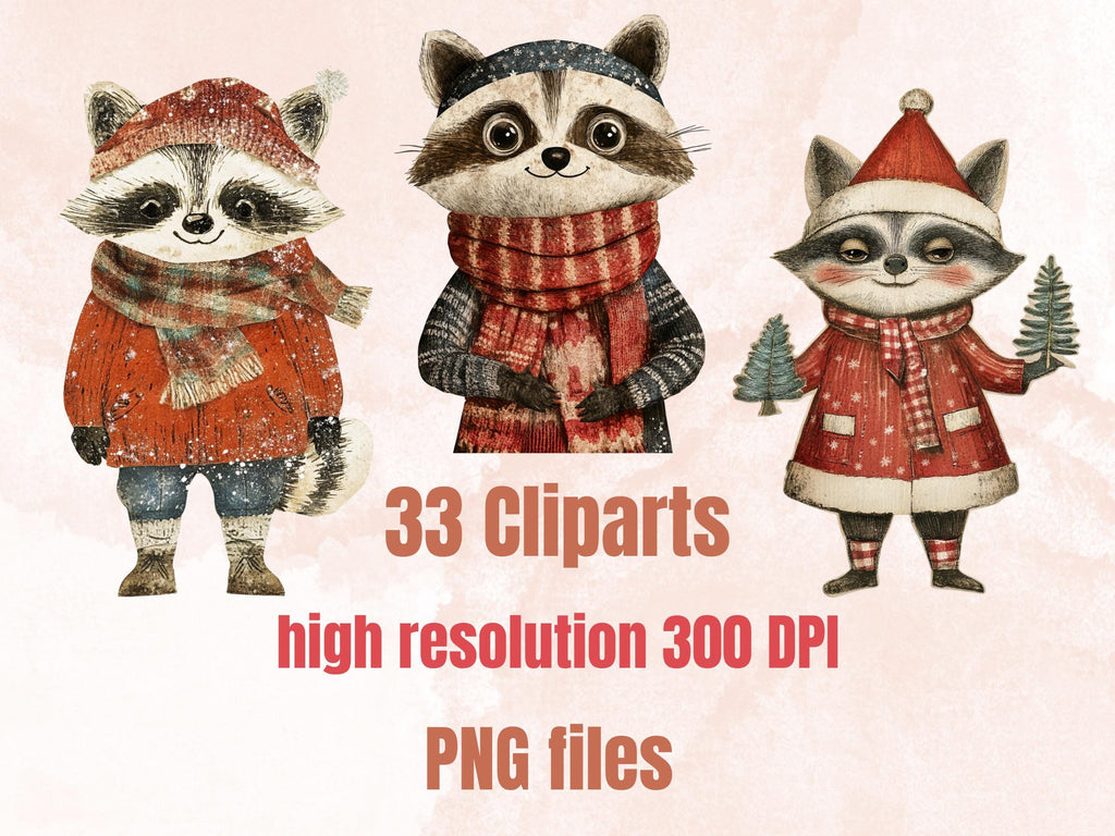 Christmas Raccoon Doll Mixed Media Clipart, Retro Xmas Raccoon Fussy Cut Collage Sheet, Paper Doll Cut Out Ephemera, PNG + JPG Scrapbooking