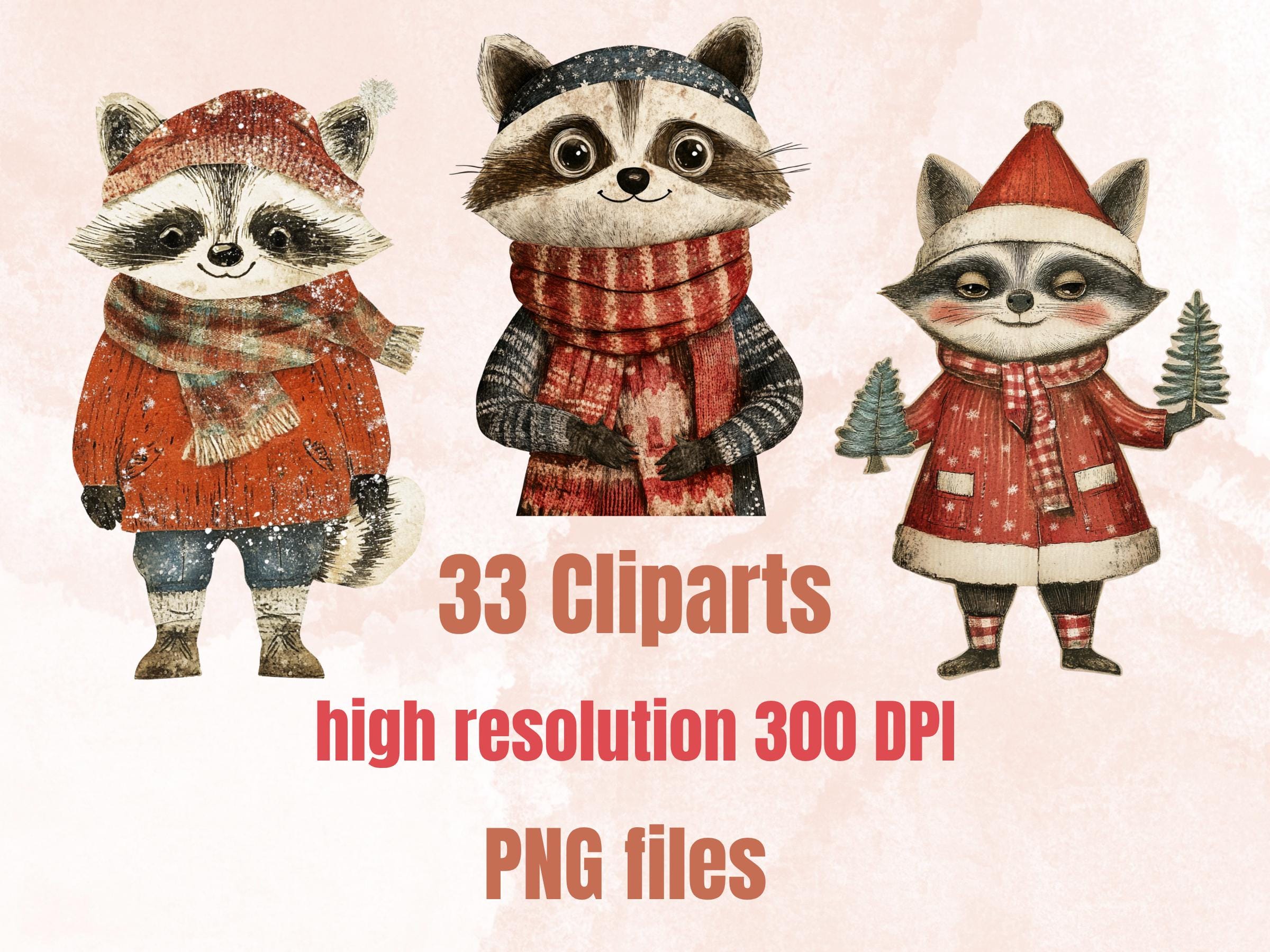 Christmas Raccoon Doll Mixed Media Clipart, Retro Xmas Raccoon Fussy Cut Collage Sheet, Paper Doll Cut Out Ephemera, PNG + JPG Scrapbooking