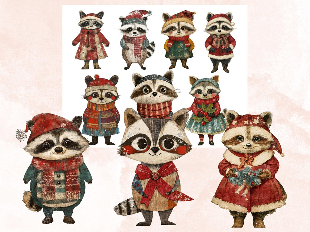 Christmas Raccoon Doll Mixed Media Clipart, Retro Xmas Raccoon Fussy Cut Collage Sheet, Paper Doll Cut Out Ephemera, PNG + JPG Scrapbooking