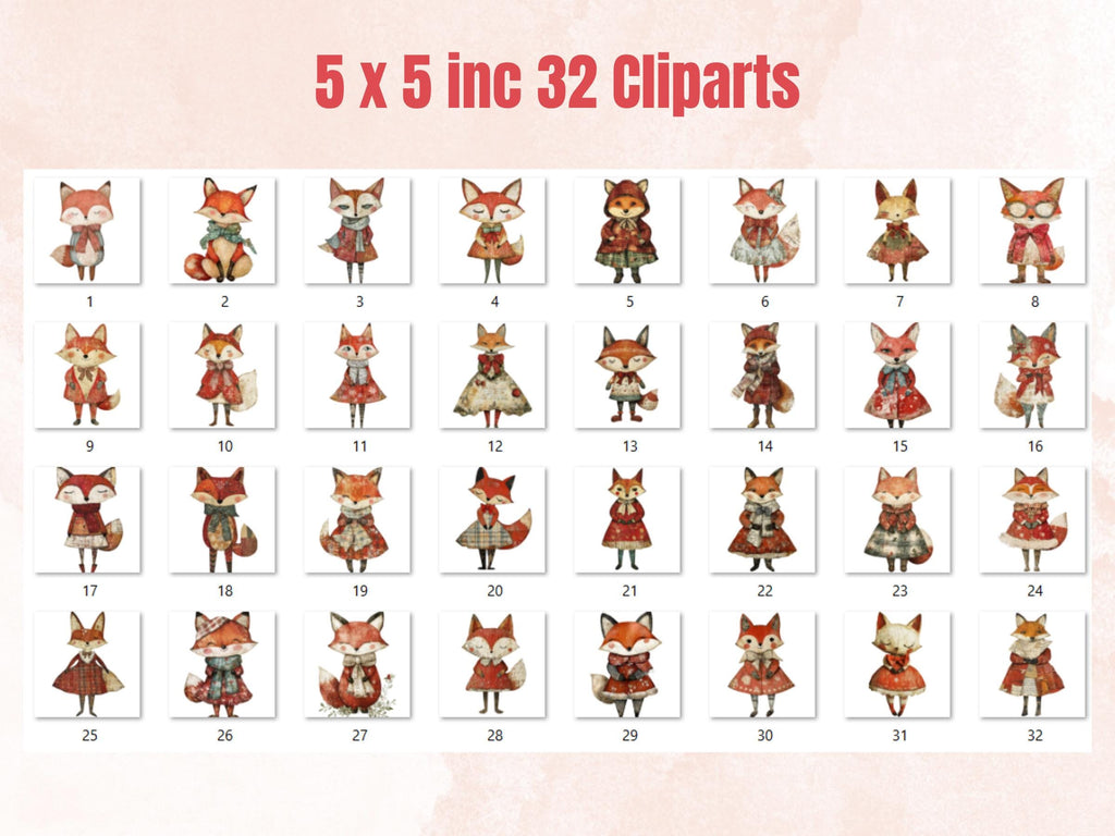 Christmas Fox Doll Mixed Media Clipart, Retro Xmas Foxes Fussy Cut Collage Sheet, Paper Doll Cut Out Ephemera, PNG + JPG for Scrapbooking