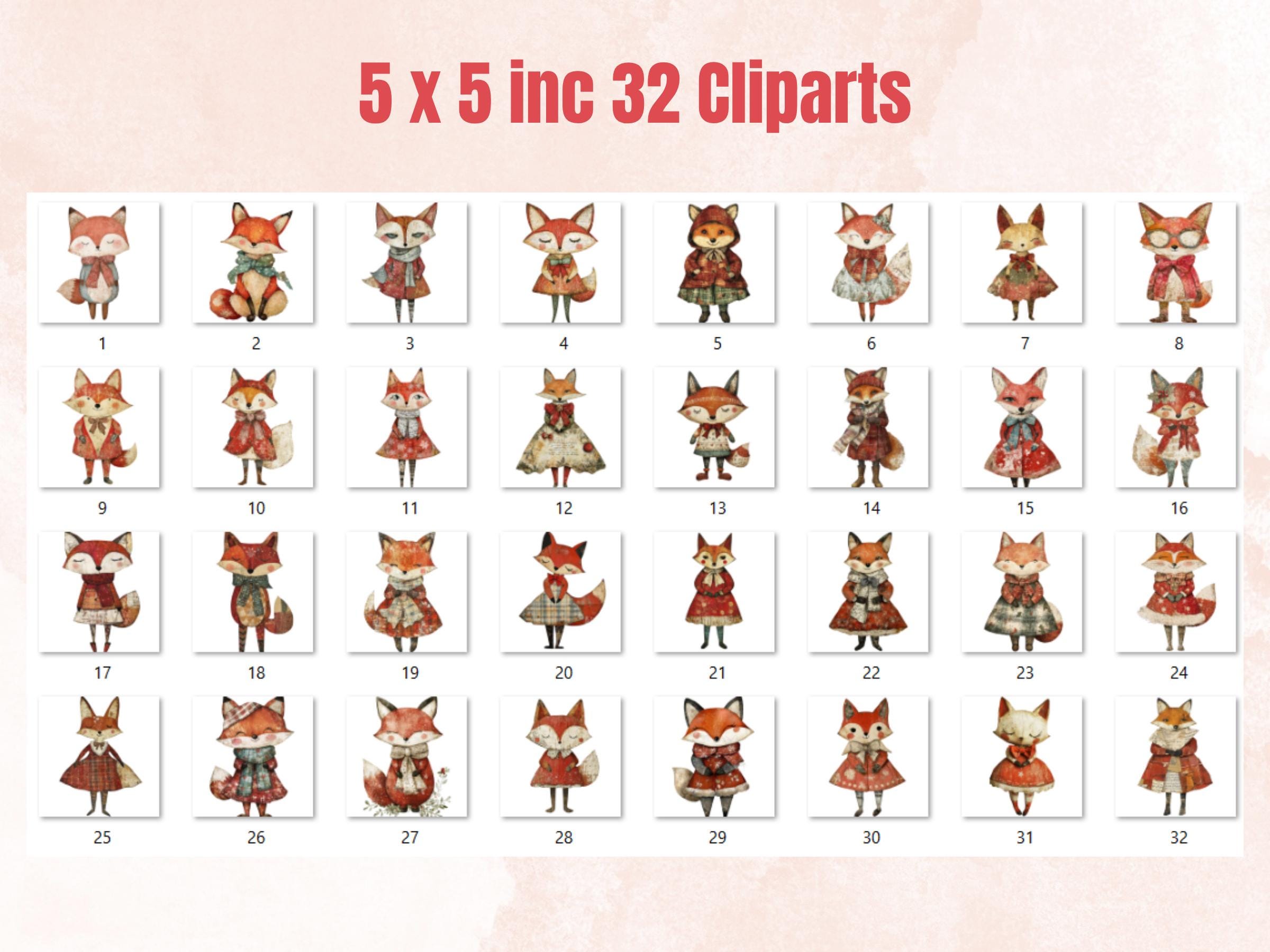 Christmas Fox Doll Mixed Media Clipart, Retro Xmas Foxes Fussy Cut Collage Sheet, Paper Doll Cut Out Ephemera, PNG + JPG for Scrapbooking