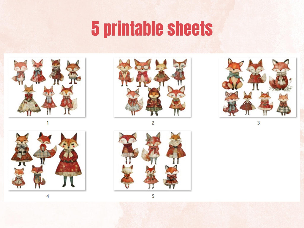 Christmas Fox Doll Mixed Media Clipart, Retro Xmas Foxes Fussy Cut Collage Sheet, Paper Doll Cut Out Ephemera, PNG + JPG for Scrapbooking