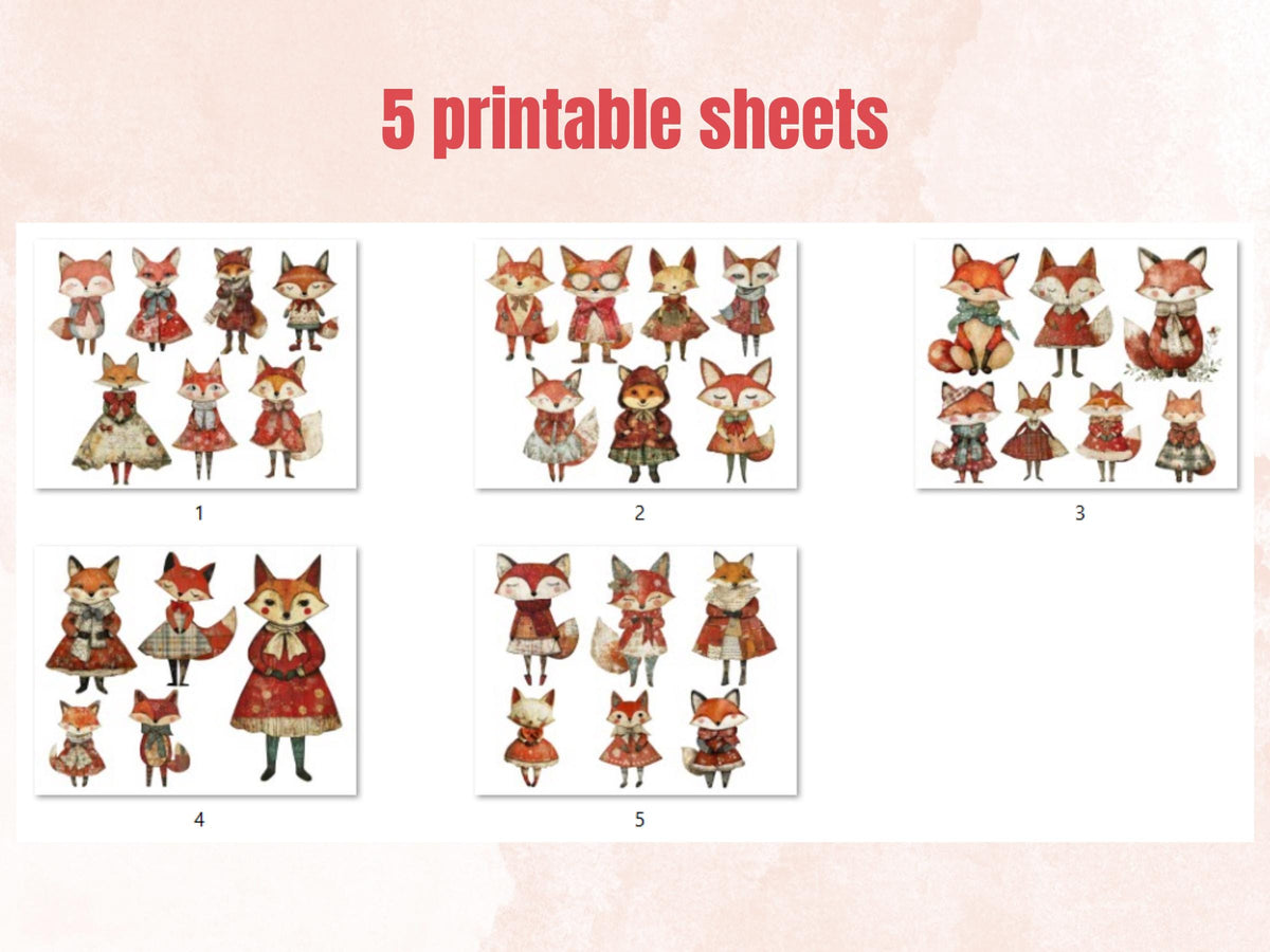 Christmas Fox Doll Mixed Media Clipart, Retro Xmas Foxes Fussy Cut Collage Sheet, Paper Doll Cut Out Ephemera, PNG + JPG for Scrapbooking