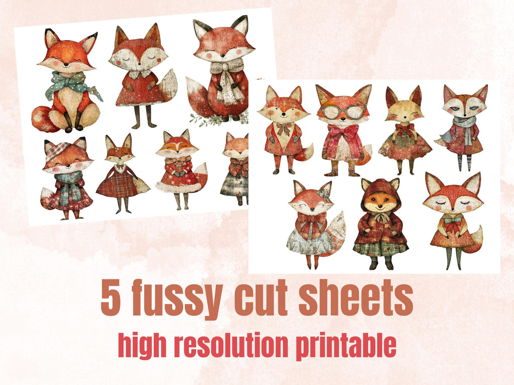 Christmas Fox Doll Mixed Media Clipart, Retro Xmas Foxes Fussy Cut Collage Sheet, Paper Doll Cut Out Ephemera, PNG + JPG for Scrapbooking