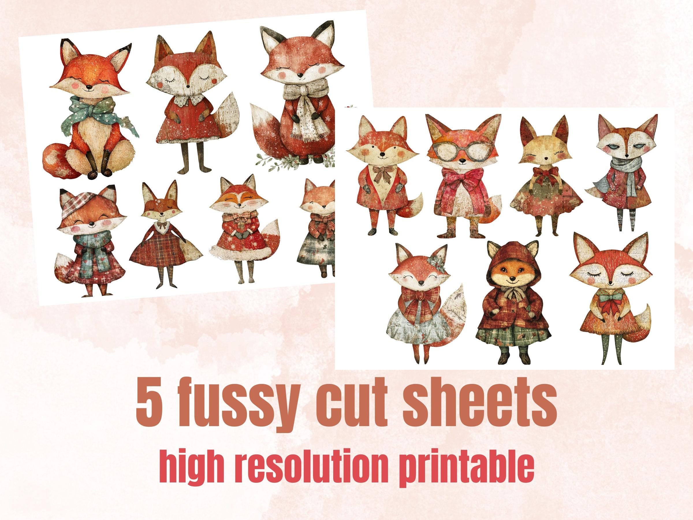 Christmas Fox Doll Mixed Media Clipart, Retro Xmas Foxes Fussy Cut Collage Sheet, Paper Doll Cut Out Ephemera, PNG + JPG for Scrapbooking