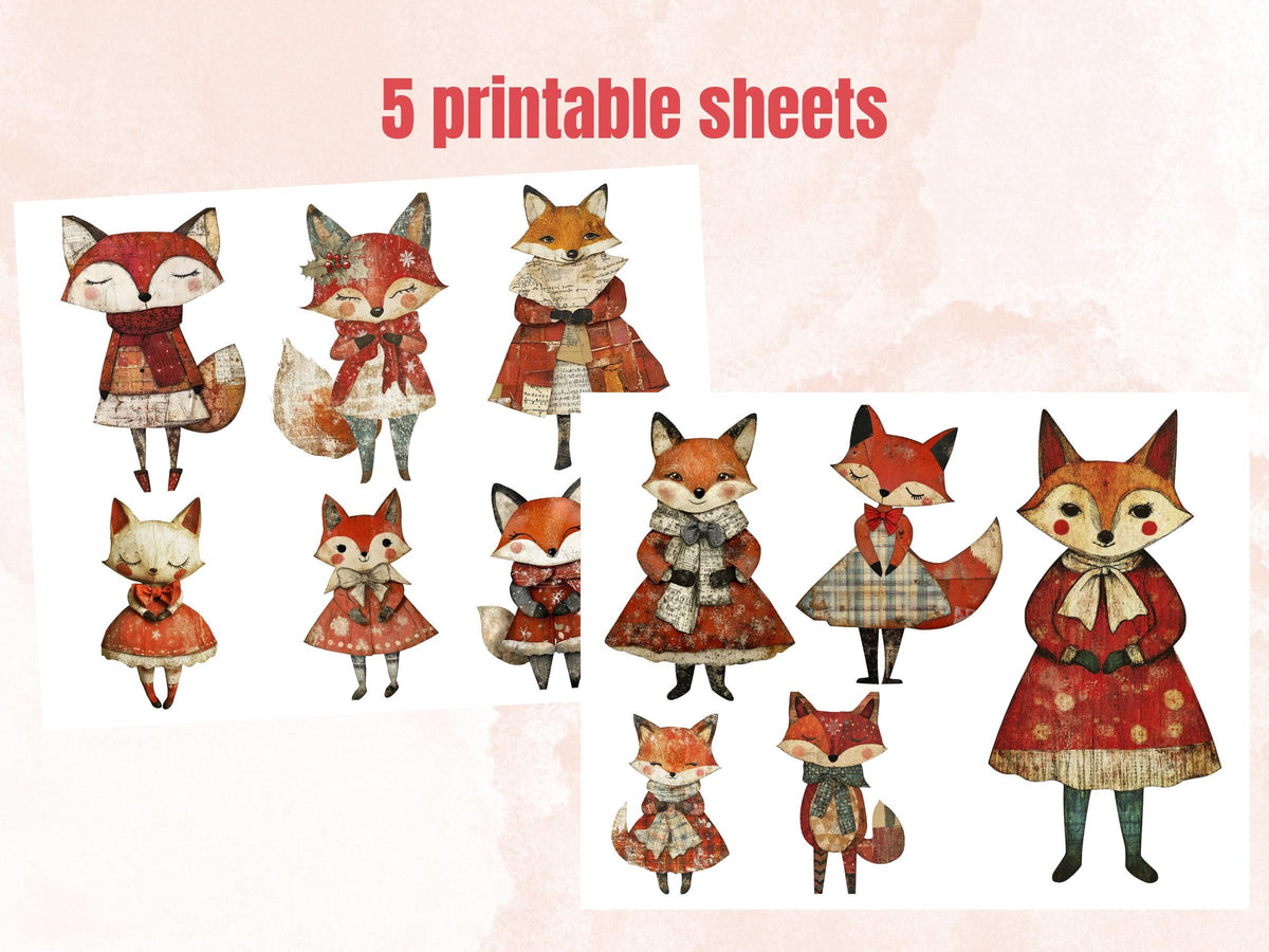 Christmas Fox Doll Mixed Media Clipart, Retro Xmas Foxes Fussy Cut Collage Sheet, Paper Doll Cut Out Ephemera, PNG + JPG for Scrapbooking