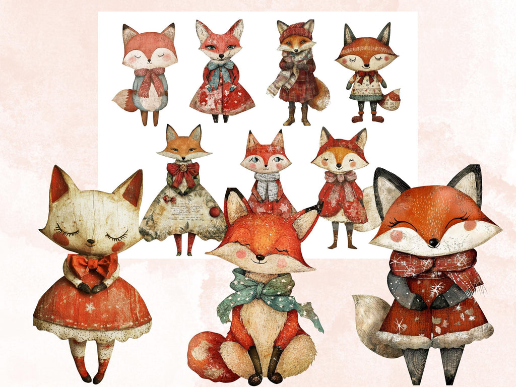 Christmas Fox Doll Mixed Media Clipart, Retro Xmas Foxes Fussy Cut Collage Sheet, Paper Doll Cut Out Ephemera, PNG + JPG for Scrapbooking