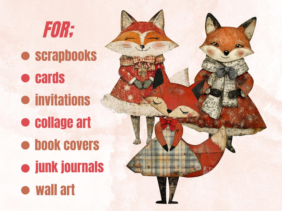Christmas Fox Doll Mixed Media Clipart, Retro Xmas Foxes Fussy Cut Collage Sheet, Paper Doll Cut Out Ephemera, PNG + JPG for Scrapbooking