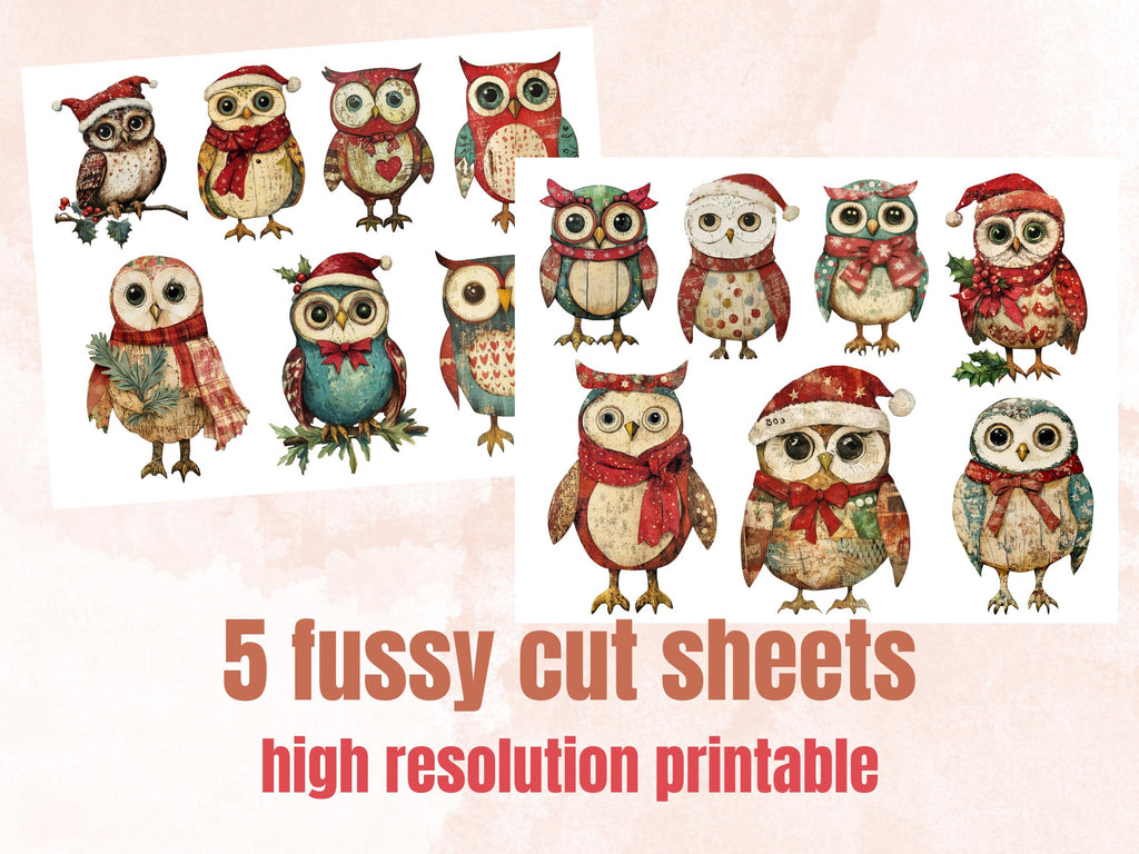 Christmas Owl Doll Mixed Media Clipart, Retro Xmas Owls Fussy Cut Collage Sheet, Paper Doll Cut Out Ephemera, PNG + JPG for Scrapbooking