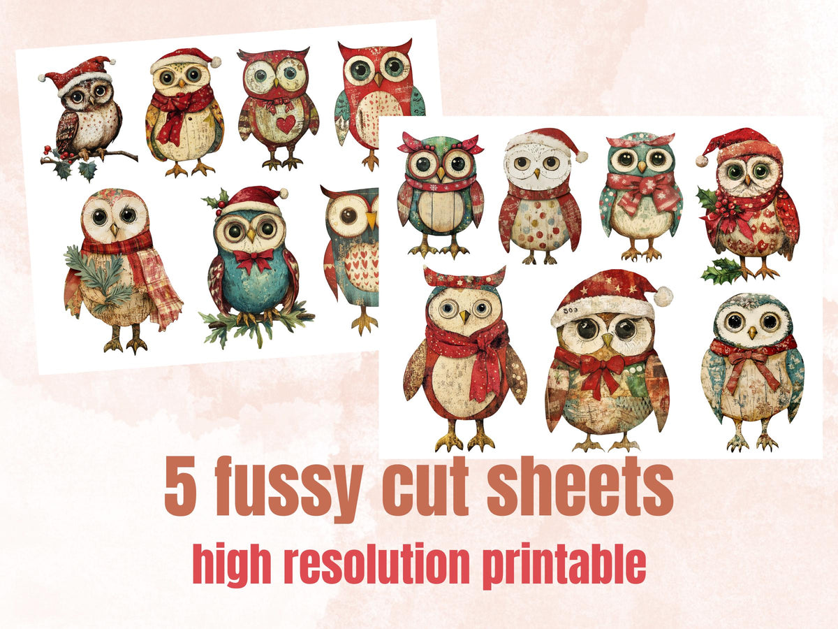 Christmas Owl Doll Mixed Media Clipart, Retro Xmas Owls Fussy Cut Collage Sheet, Paper Doll Cut Out Ephemera, PNG + JPG for Scrapbooking