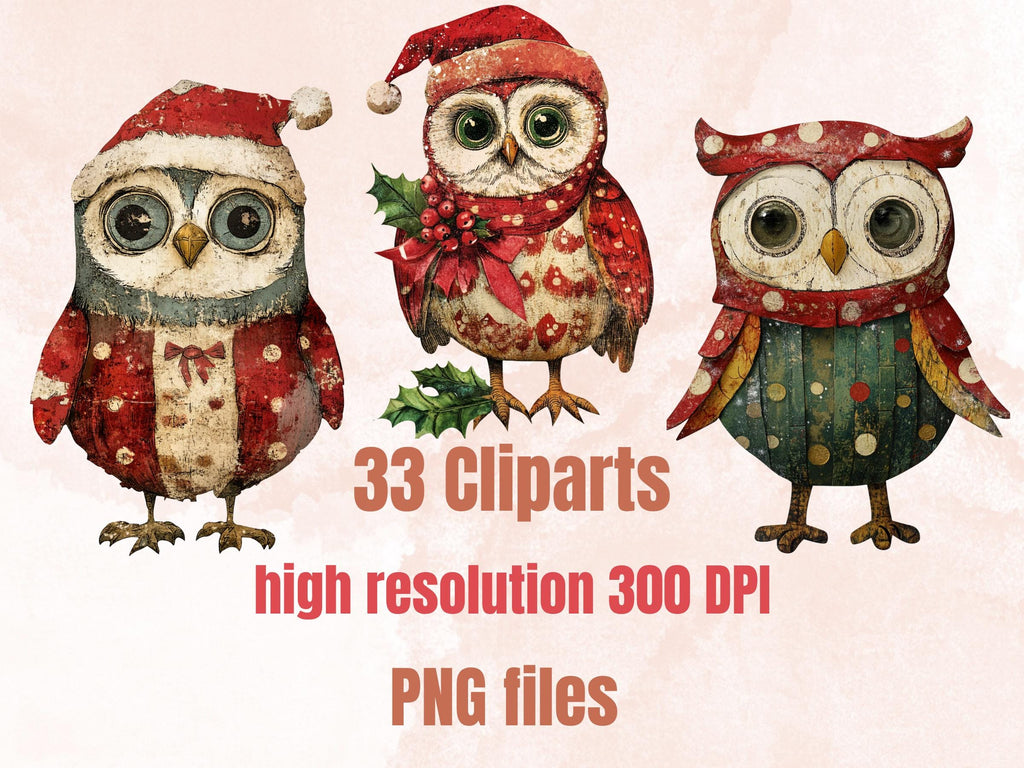 Christmas Owl Doll Mixed Media Clipart, Retro Xmas Owls Fussy Cut Collage Sheet, Paper Doll Cut Out Ephemera, PNG + JPG for Scrapbooking