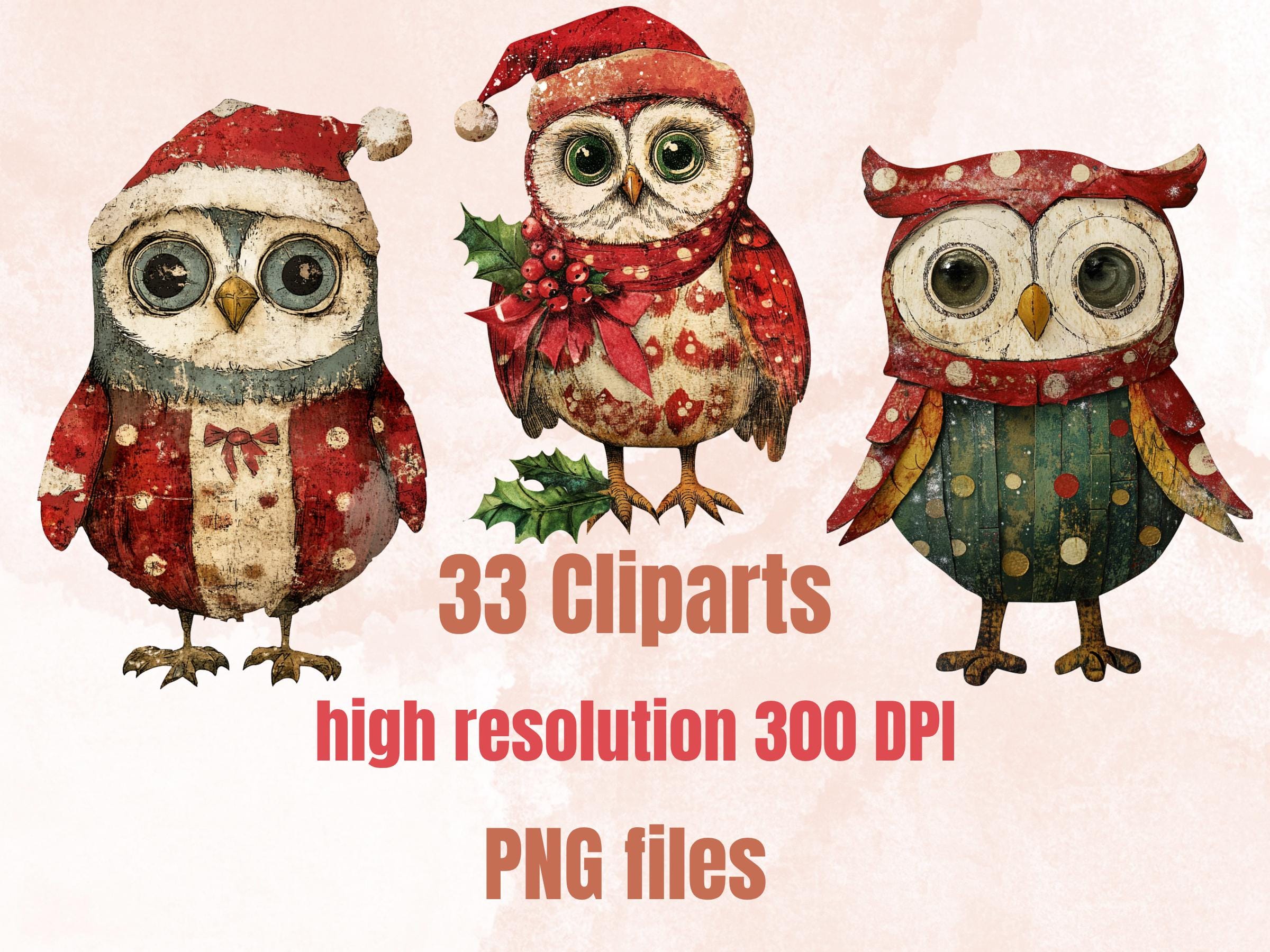 Christmas Owl Doll Mixed Media Clipart, Retro Xmas Owls Fussy Cut Collage Sheet, Paper Doll Cut Out Ephemera, PNG + JPG for Scrapbooking