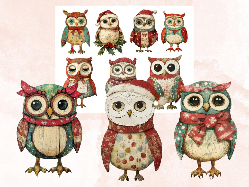 Christmas Owl Doll Mixed Media Clipart, Retro Xmas Owls Fussy Cut Collage Sheet, Paper Doll Cut Out Ephemera, PNG + JPG for Scrapbooking