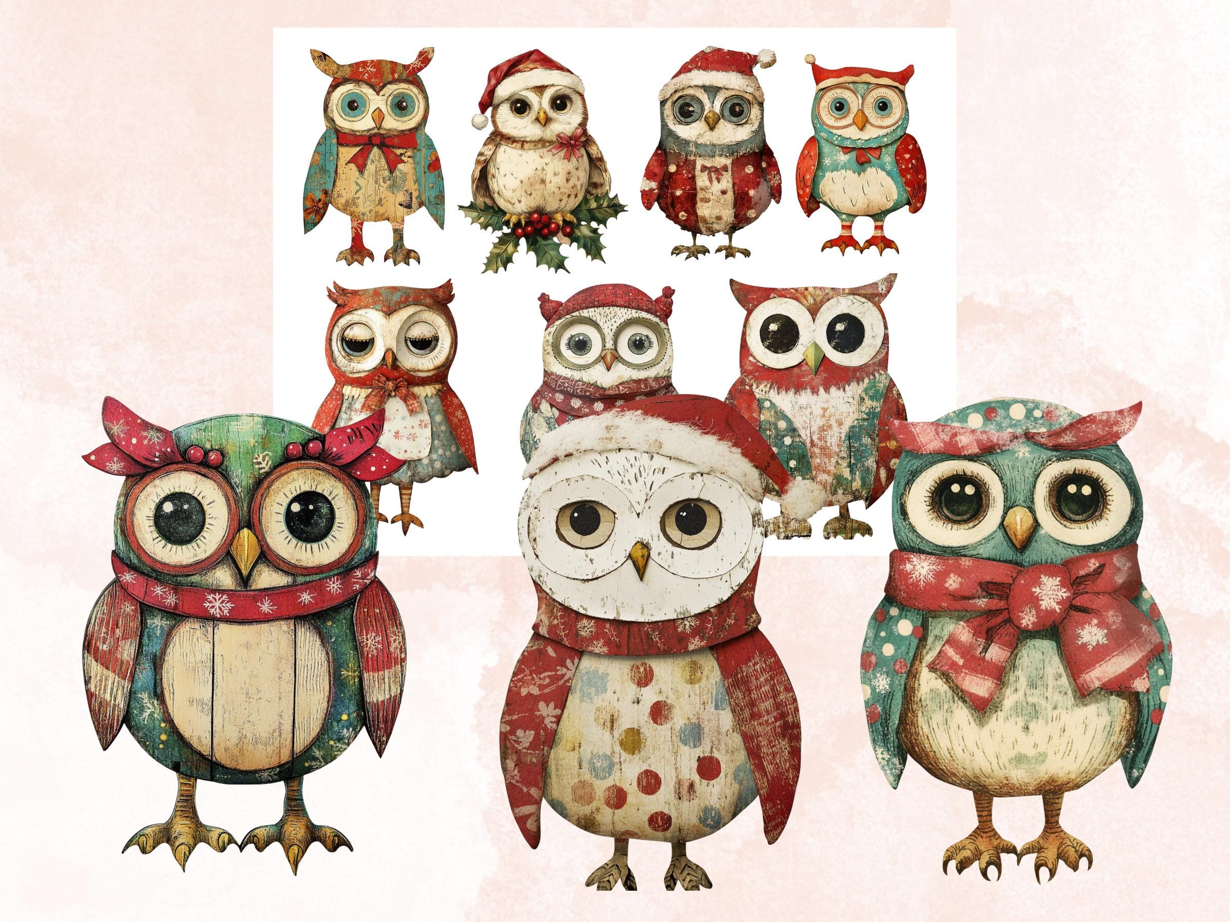 Christmas Owl Doll Mixed Media Clipart, Retro Xmas Owls Fussy Cut Collage Sheet, Paper Doll Cut Out Ephemera, PNG + JPG for Scrapbooking