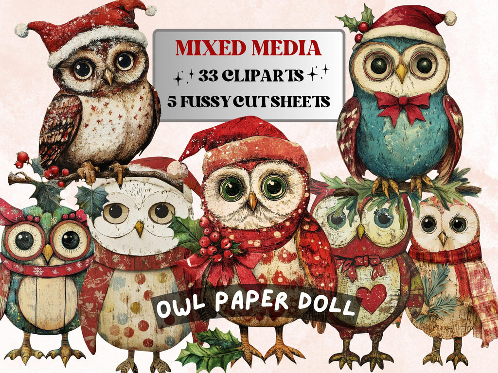 Christmas Owl Doll Mixed Media Clipart, Retro Xmas Owls Fussy Cut Collage Sheet, Paper Doll Cut Out Ephemera, PNG + JPG for Scrapbooking