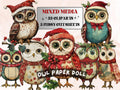 Christmas Owl Doll Mixed Media Clipart, Retro Xmas Owls Fussy Cut Collage Sheet, Paper Doll Cut Out Ephemera, PNG + JPG for Scrapbooking
