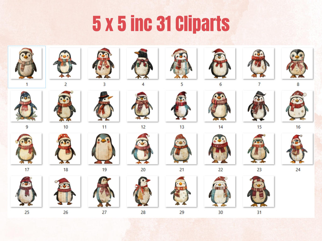 Christmas Penguin Doll Mixed Media Clipart, Retro Xmas Penguin Fussy Cut Collage Sheet, Paper Doll Cut Out Ephemera, PNG + JPG Scrapbooking