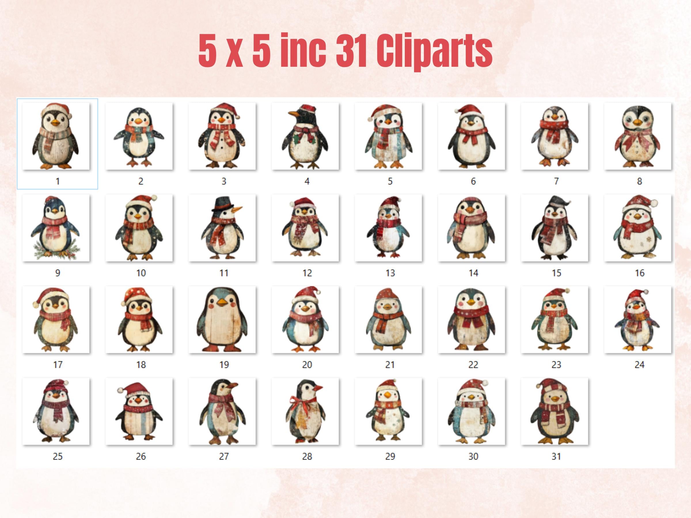Christmas Penguin Doll Mixed Media Clipart, Retro Xmas Penguin Fussy Cut Collage Sheet, Paper Doll Cut Out Ephemera, PNG + JPG Scrapbooking
