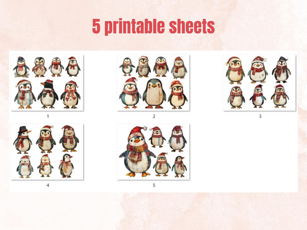 Christmas Penguin Doll Mixed Media Clipart, Retro Xmas Penguin Fussy Cut Collage Sheet, Paper Doll Cut Out Ephemera, PNG + JPG Scrapbooking