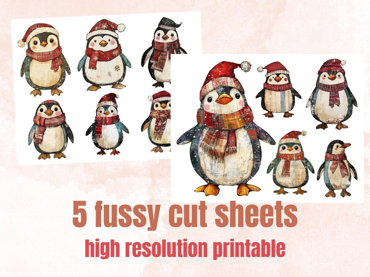 Christmas Penguin Doll Mixed Media Clipart, Retro Xmas Penguin Fussy Cut Collage Sheet, Paper Doll Cut Out Ephemera, PNG + JPG Scrapbooking