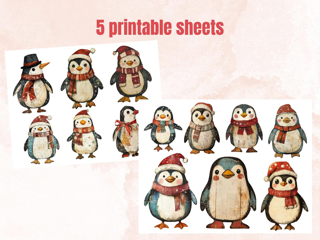 Christmas Penguin Doll Mixed Media Clipart, Retro Xmas Penguin Fussy Cut Collage Sheet, Paper Doll Cut Out Ephemera, PNG + JPG Scrapbooking
