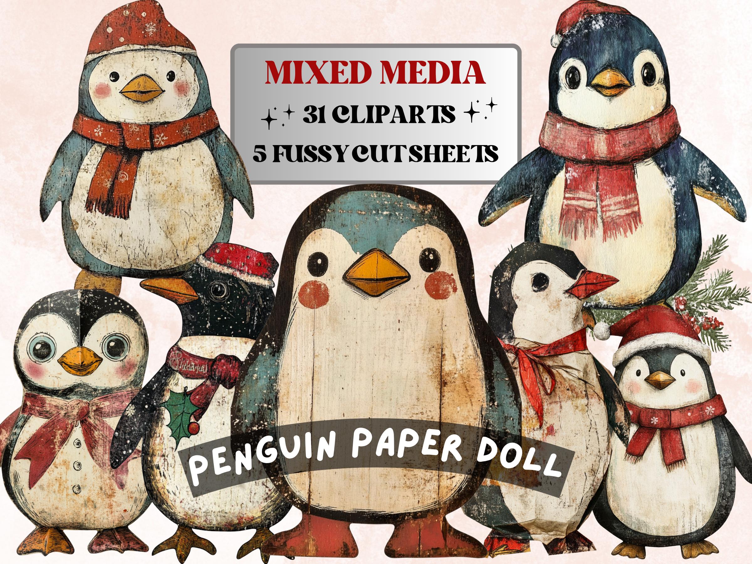 Christmas Penguin Doll Mixed Media Clipart, Retro Xmas Penguin Fussy Cut Collage Sheet, Paper Doll Cut Out Ephemera, PNG + JPG Scrapbooking