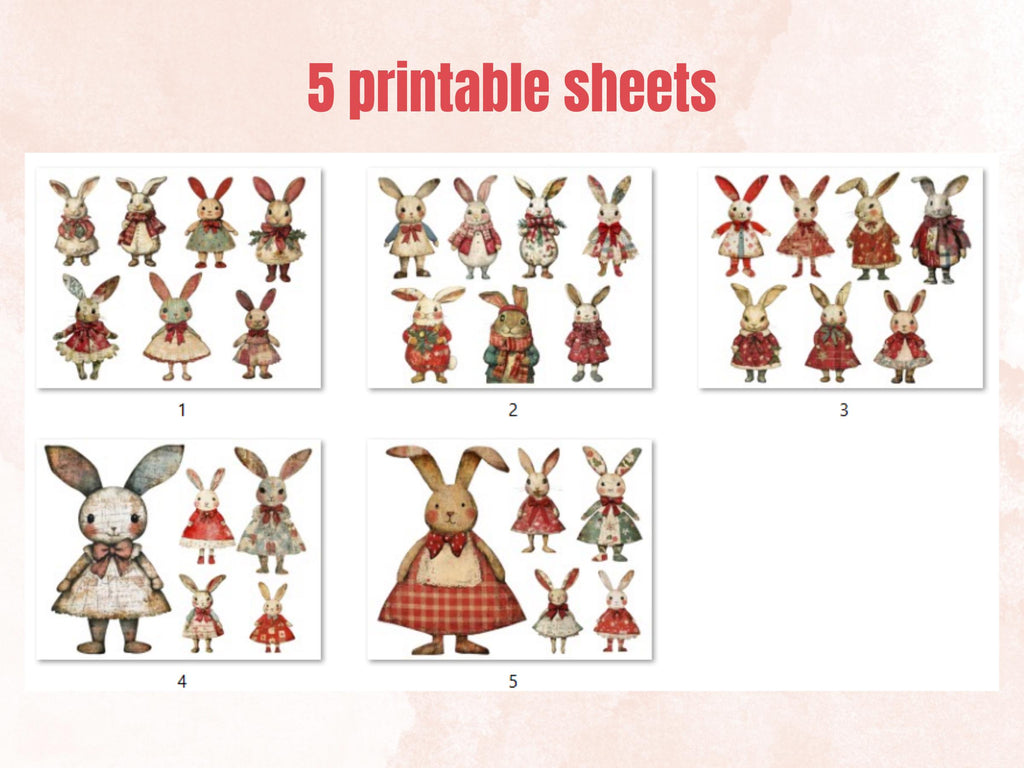 Christmas Rabbit Doll Mixed Media Clipart, Retro Xmas Bunny Fussy Cut Collage Sheet, Paper Doll Cut Out Ephemera, PNG + JPG for Scrapbooking