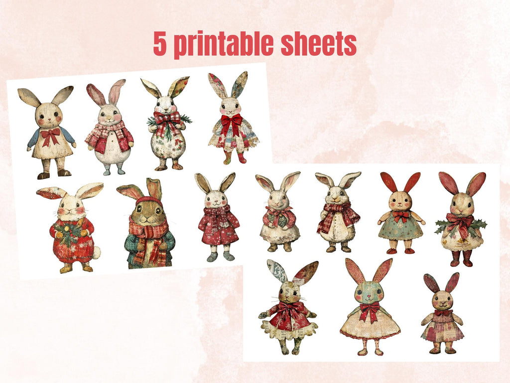 Christmas Rabbit Doll Mixed Media Clipart, Retro Xmas Bunny Fussy Cut Collage Sheet, Paper Doll Cut Out Ephemera, PNG + JPG for Scrapbooking