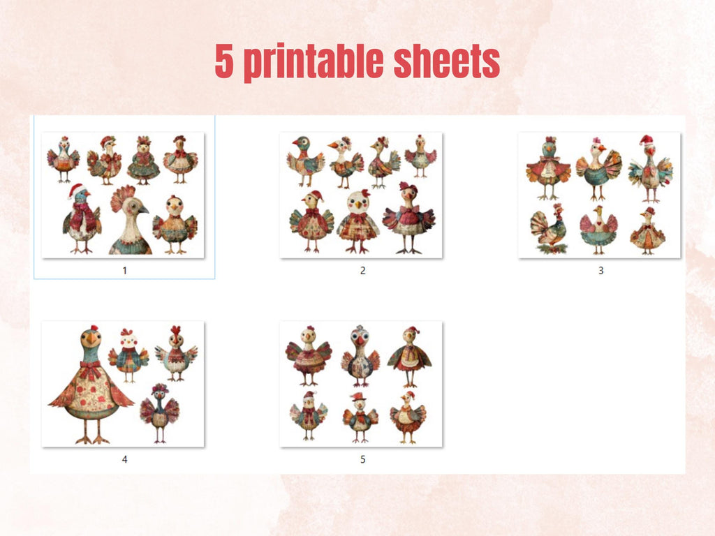 Christmas Turkey Doll Mixed Media Clipart, Retro Xmas Turkey Fussy Cut Collage Sheet, Paper Doll Cut Out Ephemera, PNG + JPG Scrapbooking