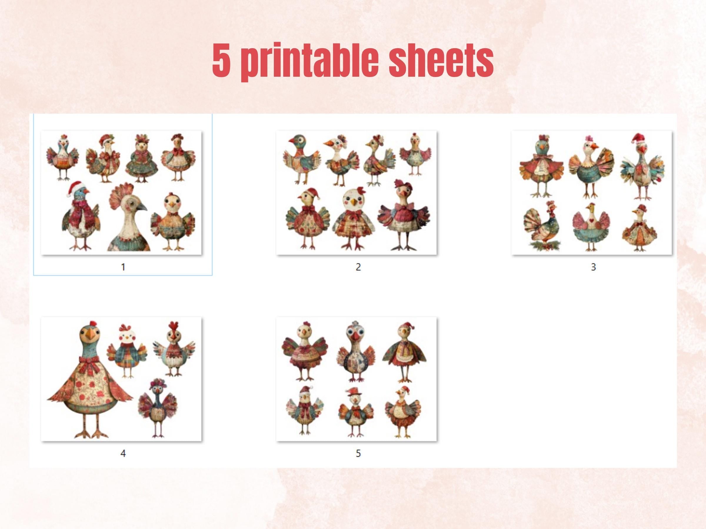 Christmas Turkey Doll Mixed Media Clipart, Retro Xmas Turkey Fussy Cut Collage Sheet, Paper Doll Cut Out Ephemera, PNG + JPG Scrapbooking