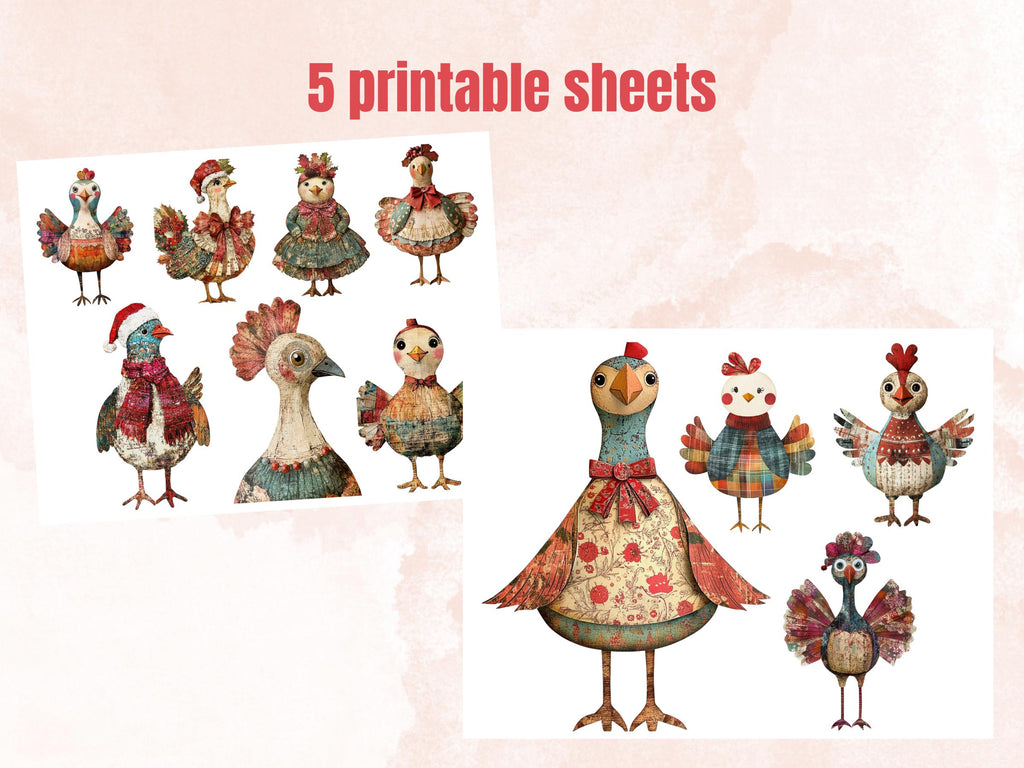 Christmas Turkey Doll Mixed Media Clipart, Retro Xmas Turkey Fussy Cut Collage Sheet, Paper Doll Cut Out Ephemera, PNG + JPG Scrapbooking