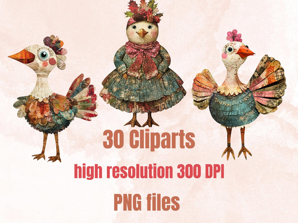 Christmas Turkey Doll Mixed Media Clipart, Retro Xmas Turkey Fussy Cut Collage Sheet, Paper Doll Cut Out Ephemera, PNG + JPG Scrapbooking