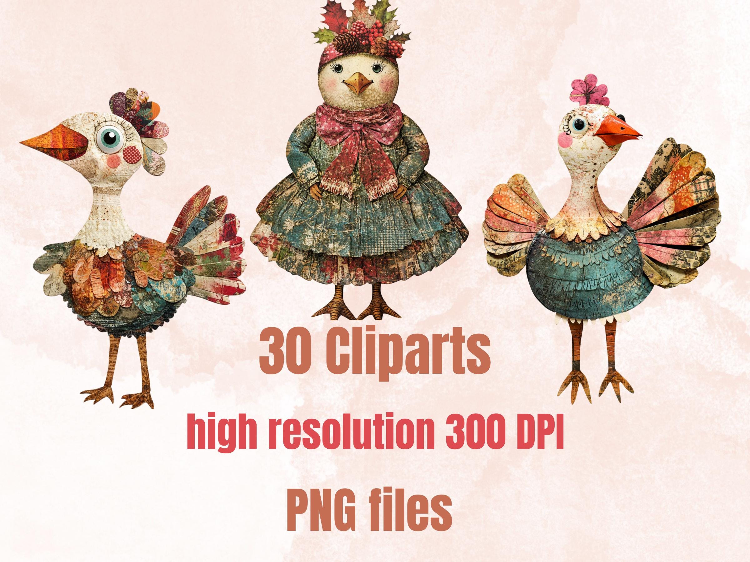 Christmas Turkey Doll Mixed Media Clipart, Retro Xmas Turkey Fussy Cut Collage Sheet, Paper Doll Cut Out Ephemera, PNG + JPG Scrapbooking
