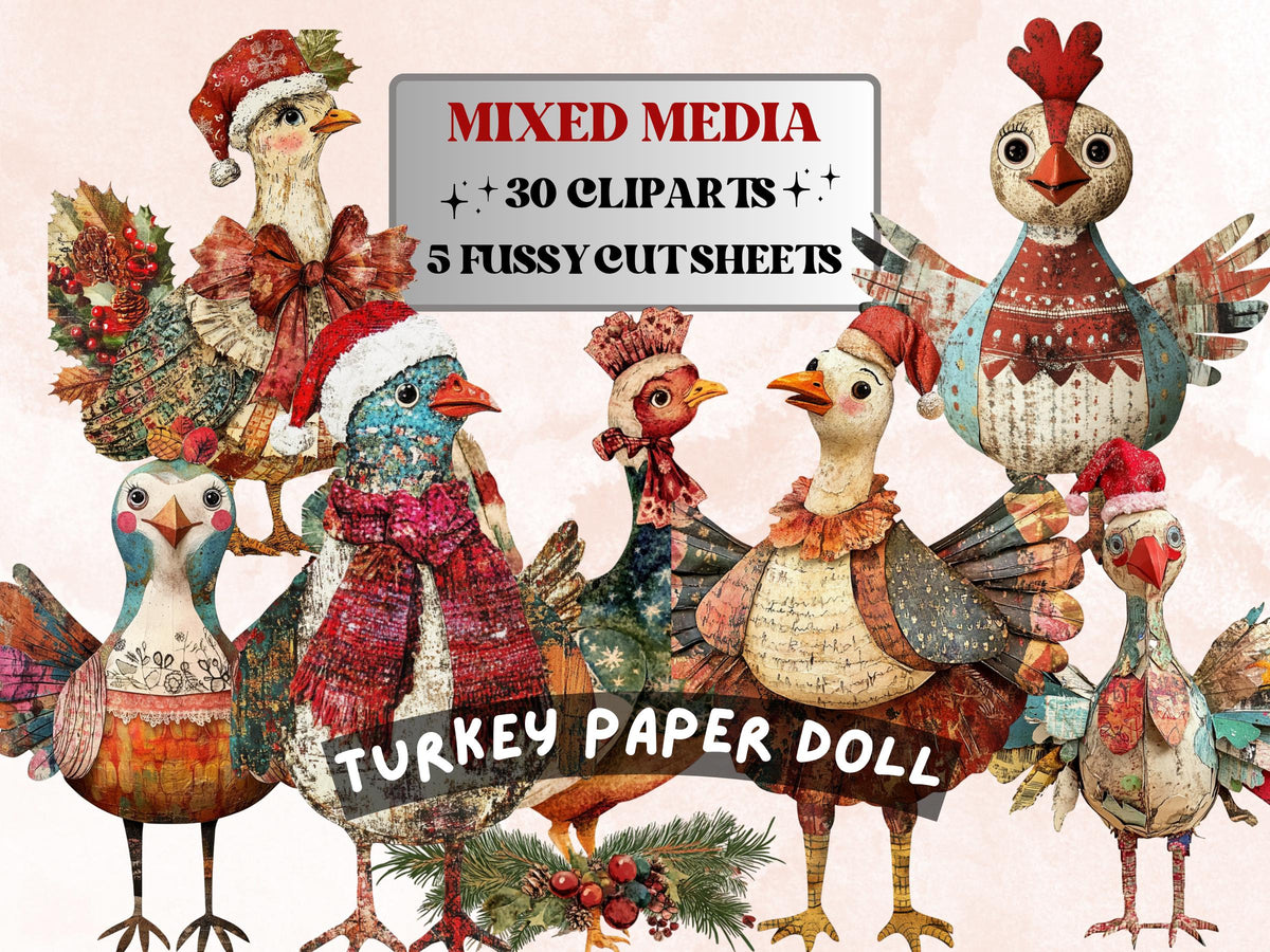 Christmas Turkey Doll Mixed Media Clipart, Retro Xmas Turkey Fussy Cut Collage Sheet, Paper Doll Cut Out Ephemera, PNG + JPG Scrapbooking
