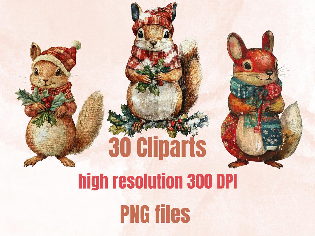 Christmas Squirrel Doll Mixed Media Clipart, Retro Xmas Squirrel Fussy Cut Collage Sheet, Paper Doll Cut Out Ephemera, PNG + JPG Scrapbook